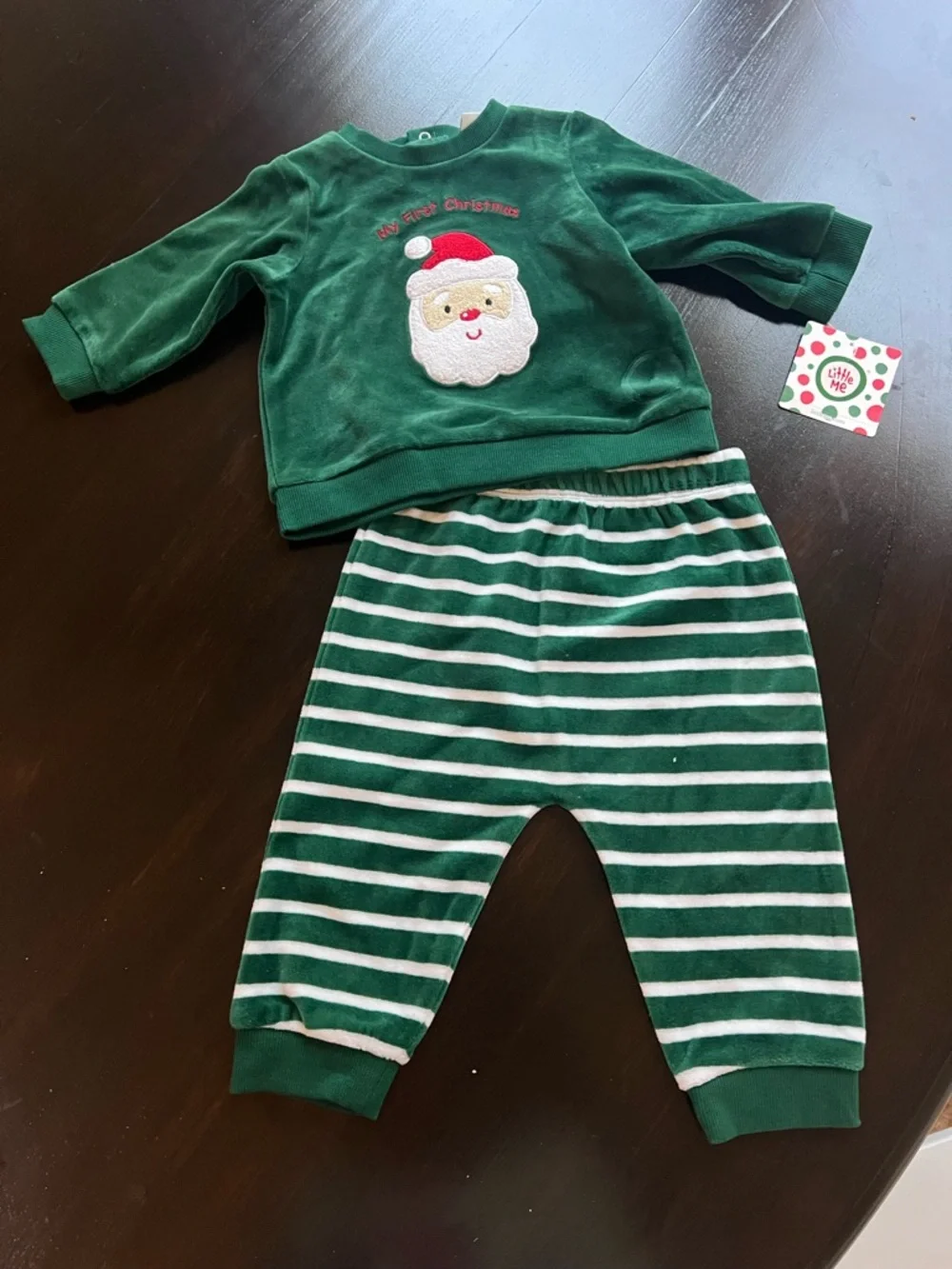 New - Little Me Green Santa My First Christmas Baby Matching Set